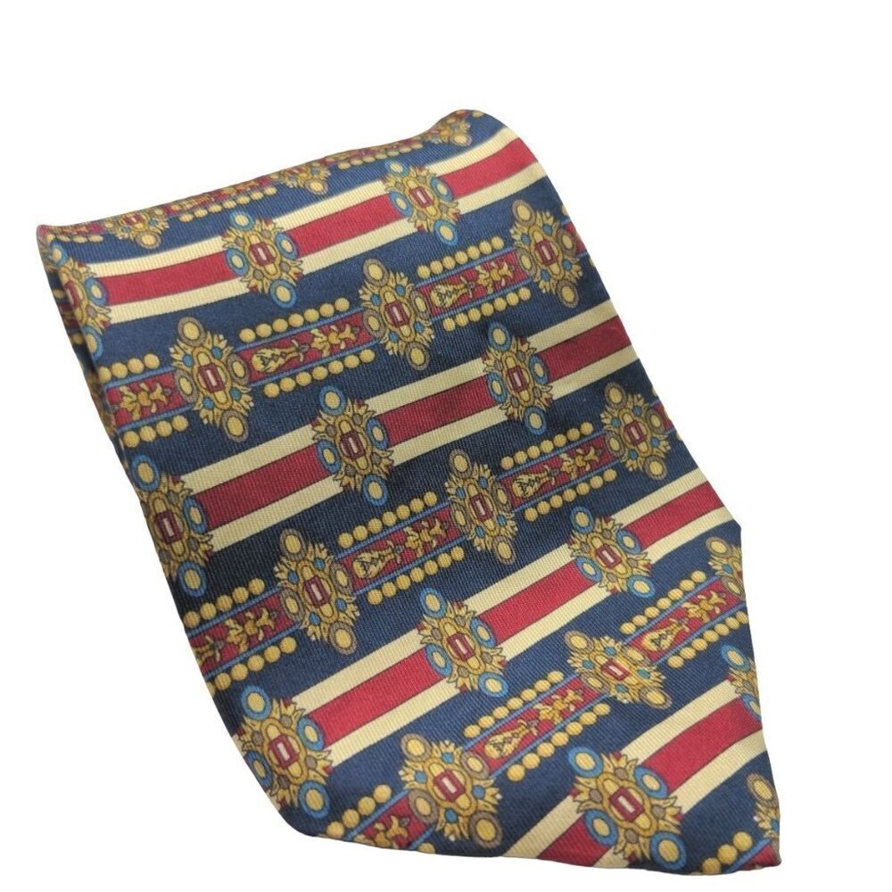 Tattersall Geometric Silk Necktie Blue Gold Red White